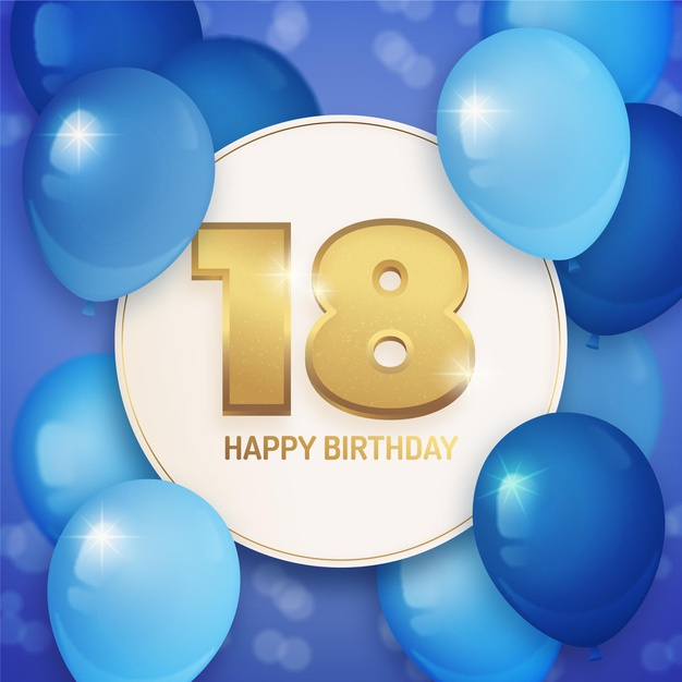 Image of Happy 18th birthday balloons in blue, white and gold