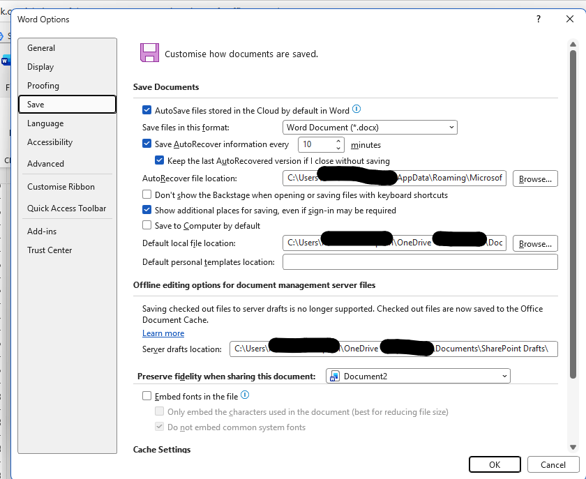 Screenshot of Word AutoRecover settings