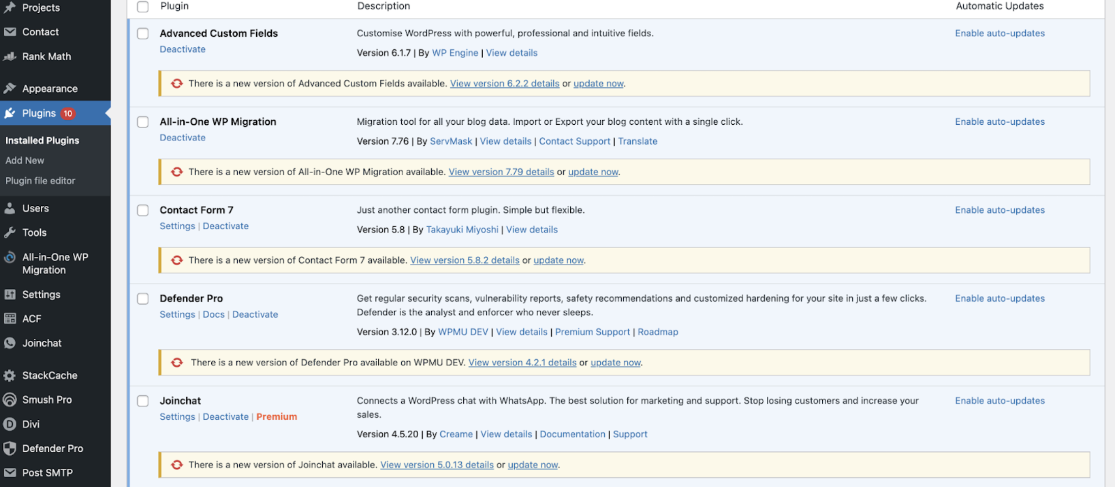 screenshot of wordpress plugins dashboard